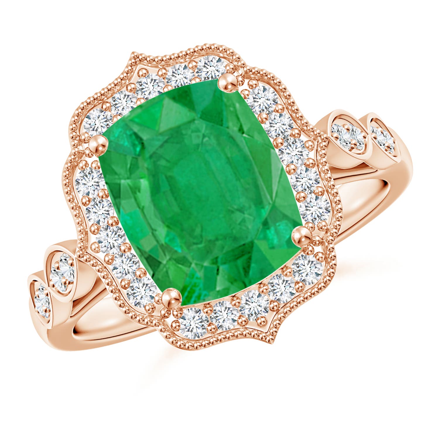 10x8mm AA Vintage Inspired Cushion Rectangular Emerald Ornate Halo Engagement Ring in Rose Gold