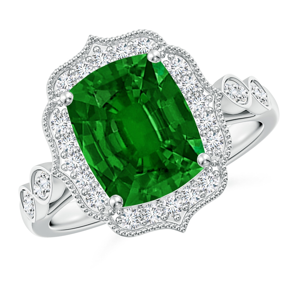 10x8mm AAAA Vintage Inspired Cushion Rectangular Emerald Ornate Halo Engagement Ring in P950 Platinum