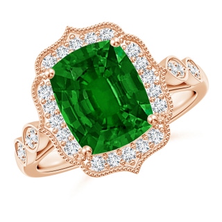 10x8mm AAAA Vintage Inspired Cushion Rectangular Emerald Ornate Halo Engagement Ring in Rose Gold