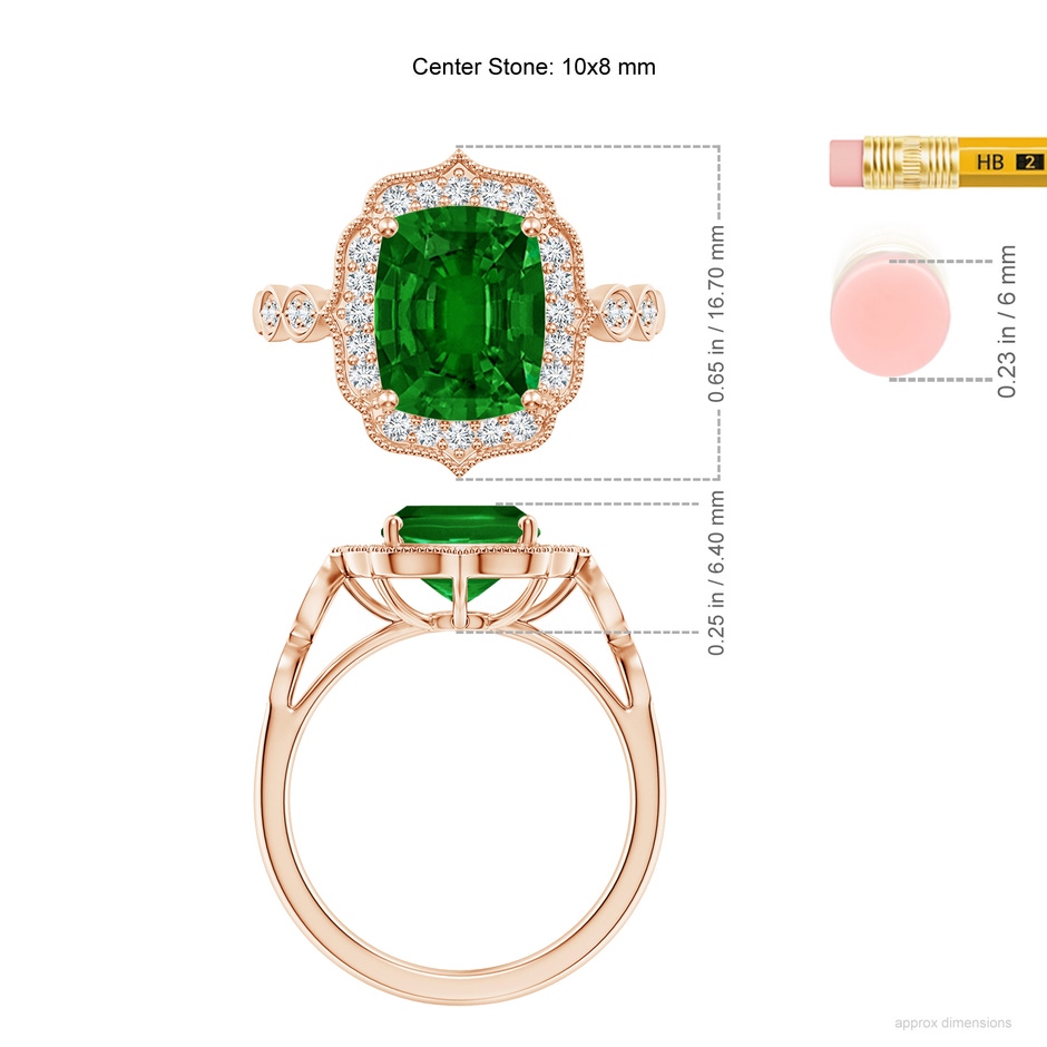 10x8mm AAAA Vintage Inspired Cushion Rectangular Emerald Ornate Halo Engagement Ring in Rose Gold ruler