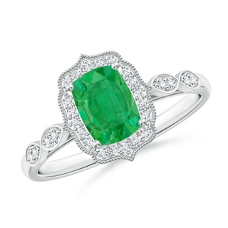 7x5mm AA Vintage Inspired Cushion Rectangular Emerald Ornate Halo Engagement Ring in P950 Platinum