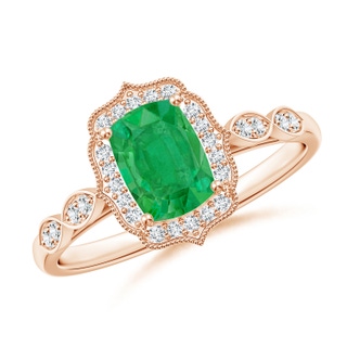 7x5mm AA Vintage Inspired Cushion Rectangular Emerald Ornate Halo Engagement Ring in Rose Gold
