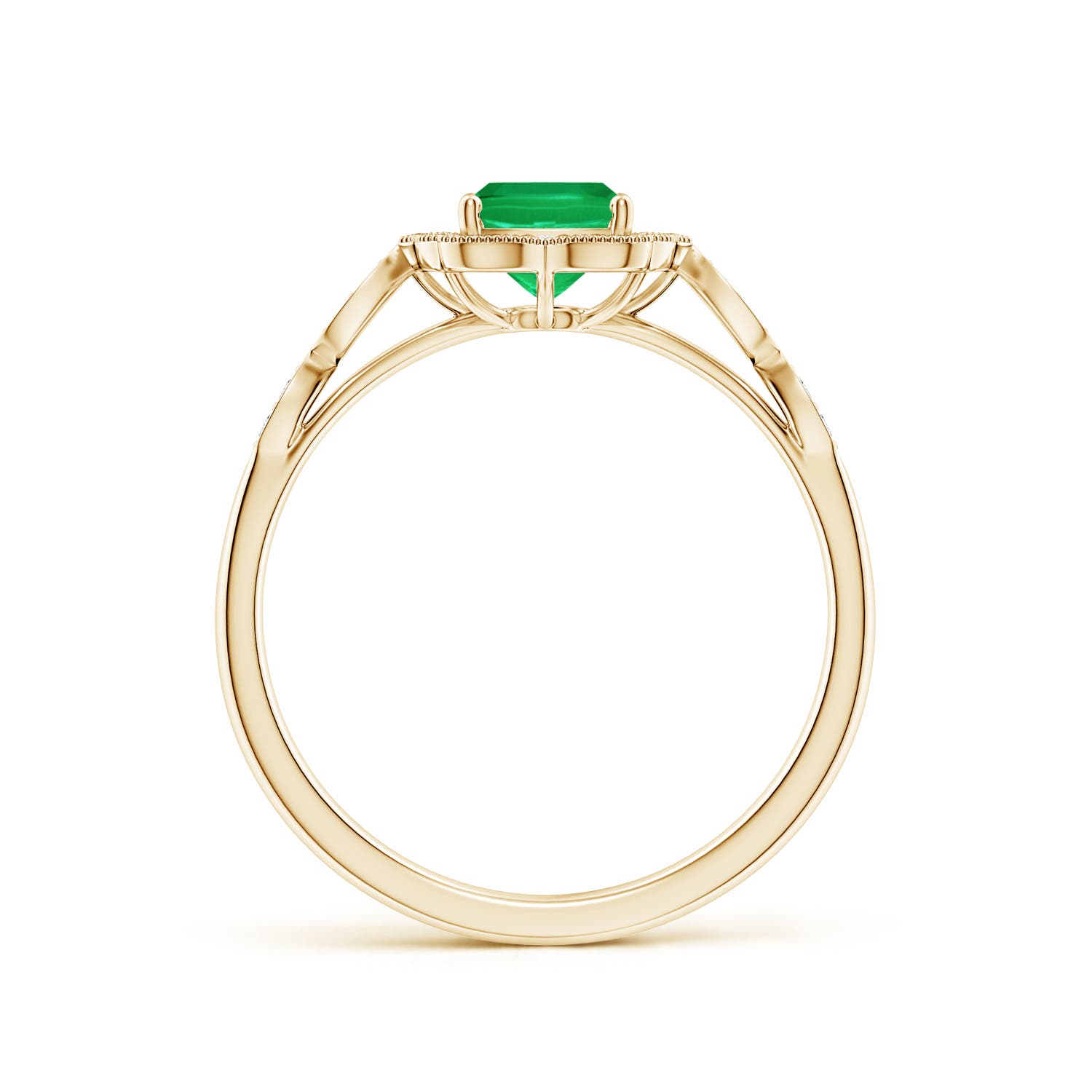 7x5mm AA Vintage Inspired Cushion Rectangular Emerald Ornate Halo Engagement Ring in Yellow Gold