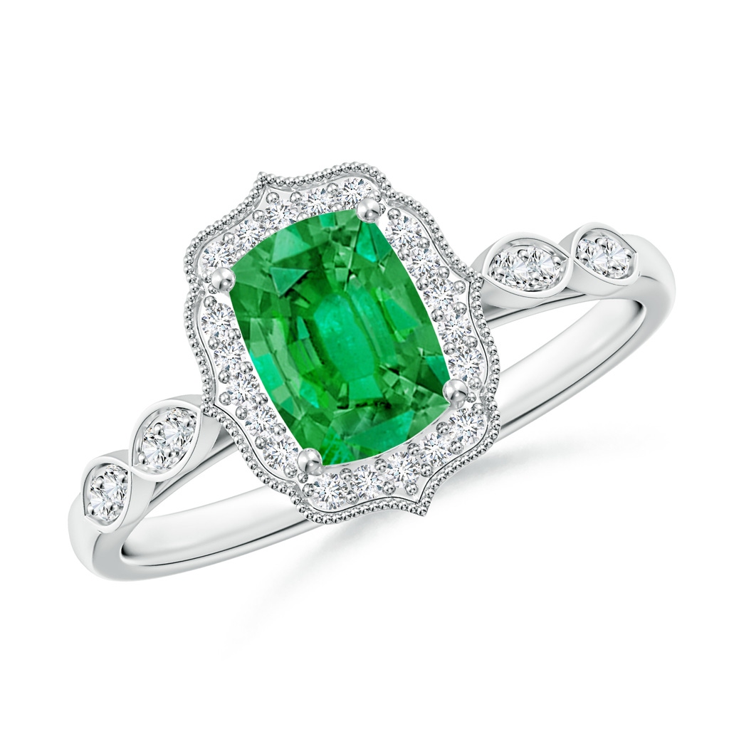 7x5mm AAA Vintage Inspired Cushion Rectangular Emerald Ornate Halo Engagement Ring in 18K White Gold