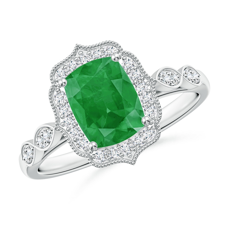 8x6mm A Vintage Inspired Cushion Rectangular Emerald Ornate Halo Engagement Ring in 9K White Gold 