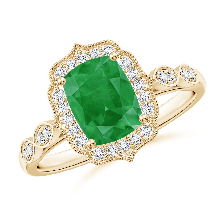 8x6mm A Vintage Inspired Cushion Rectangular Emerald Ornate Halo Engagement Ring in Yellow Gold 