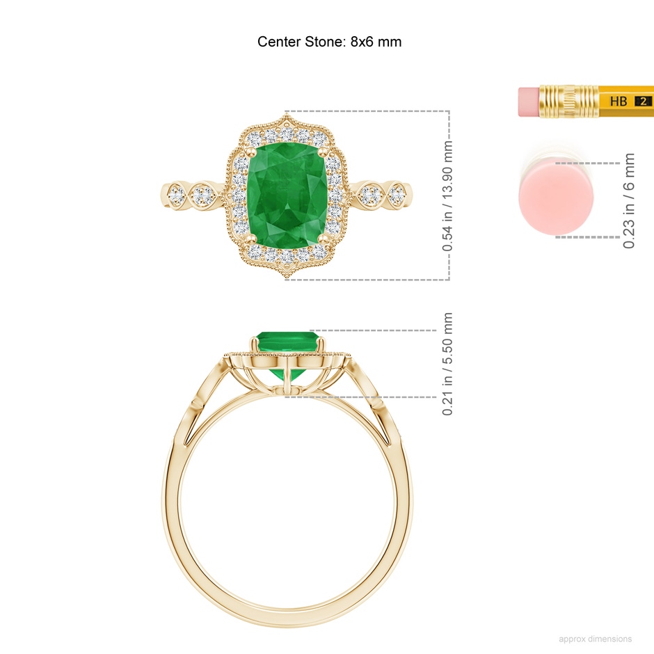 8x6mm A Vintage Inspired Cushion Rectangular Emerald Ornate Halo Engagement Ring in Yellow Gold ruler