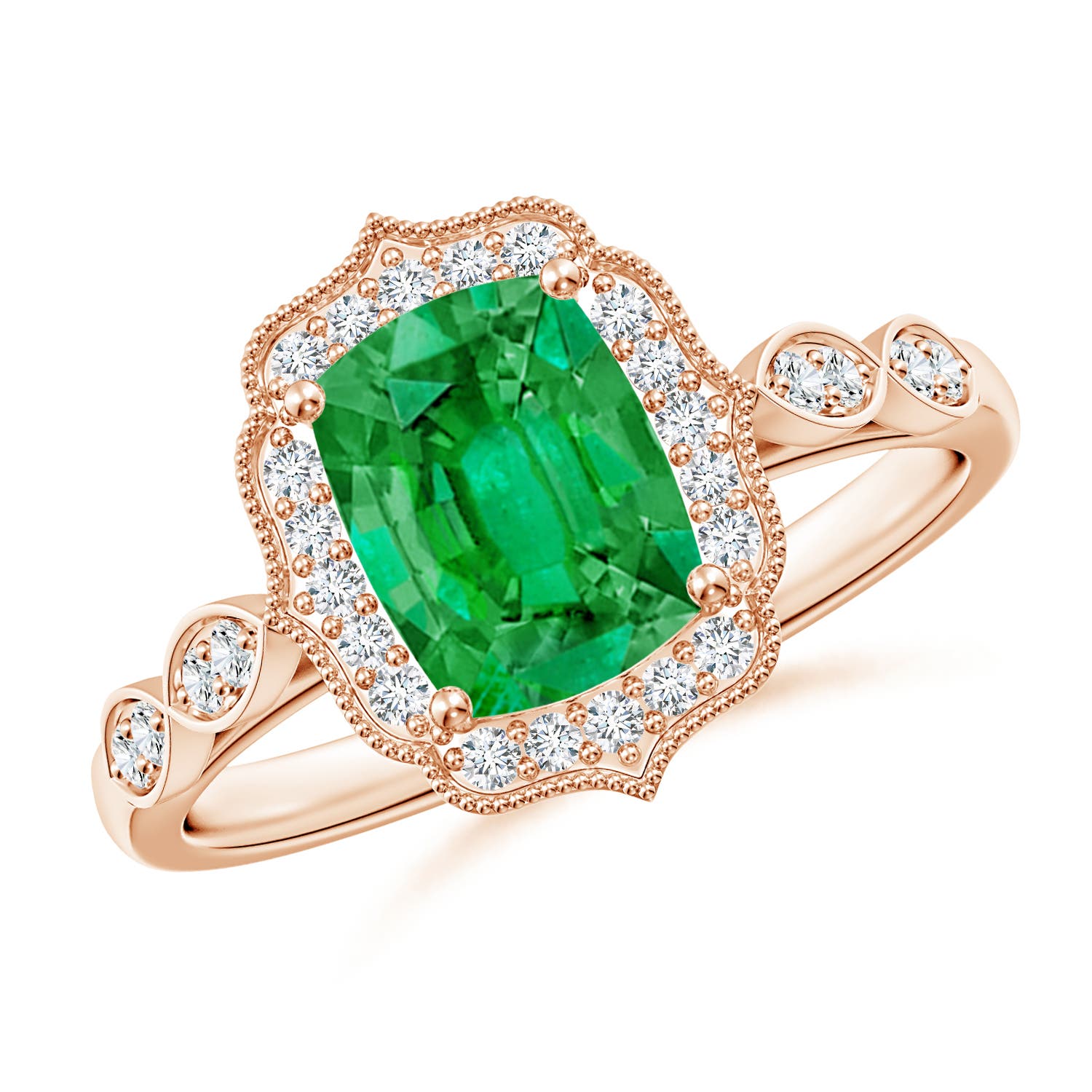 8x6mm AAA Vintage Inspired Cushion Rectangular Emerald Ornate Halo Engagement Ring in 18K Rose Gold