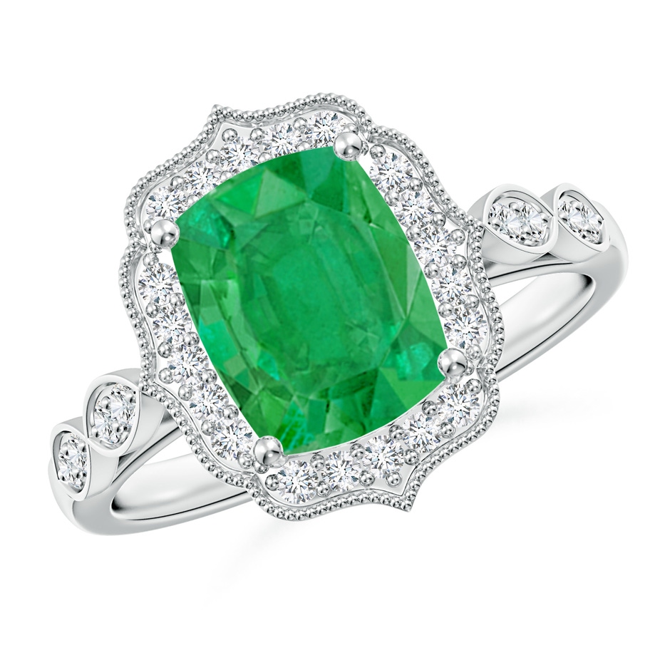 9x7mm AA Vintage Inspired Cushion Rectangular Emerald Ornate Halo Engagement Ring in White Gold 