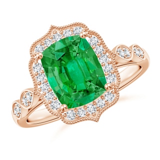 9x7mm AAA Vintage Inspired Cushion Rectangular Emerald Ornate Halo Engagement Ring in 18K Rose Gold