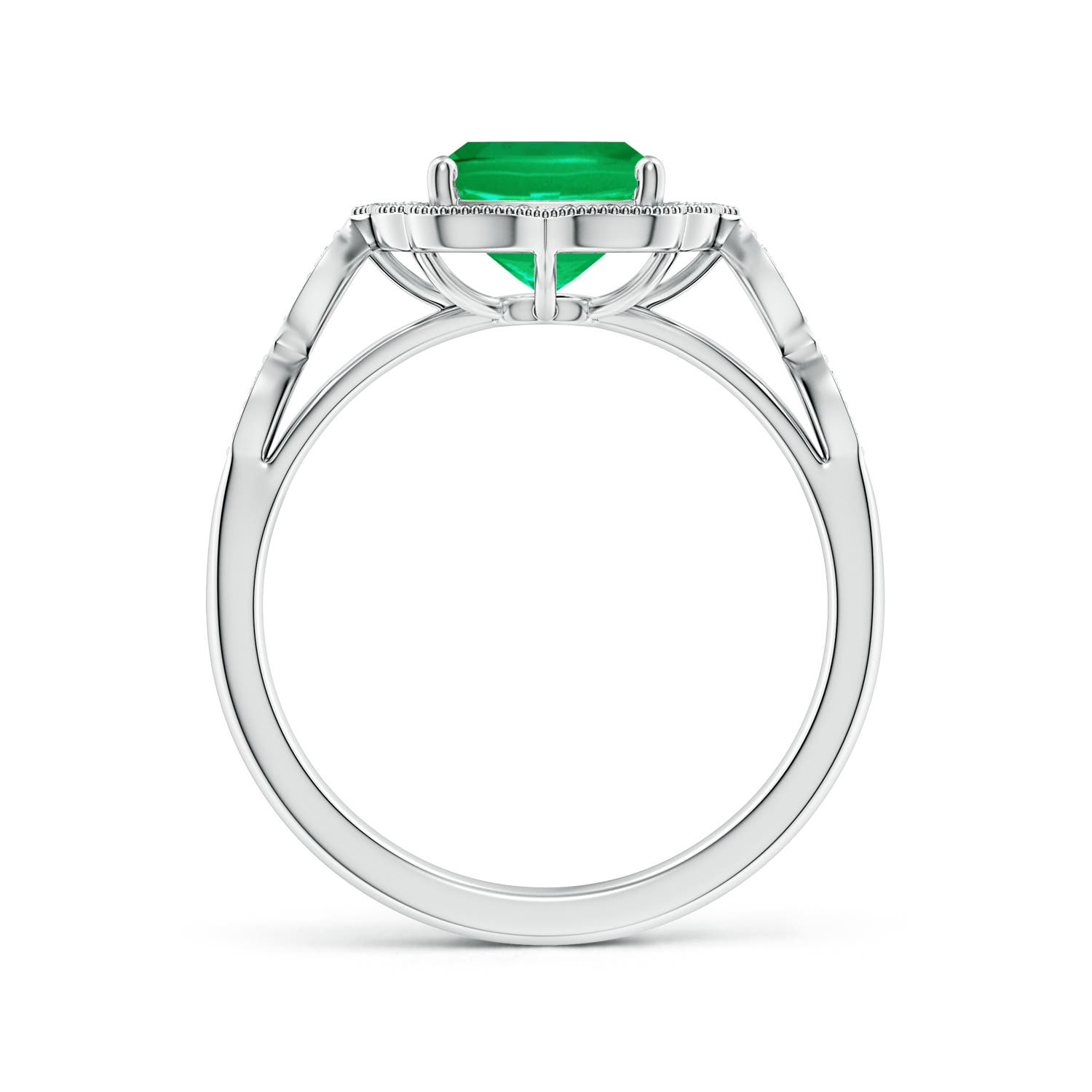 9x7mm AAA Vintage Inspired Cushion Rectangular Emerald Ornate Halo Engagement Ring in White Gold - side 2