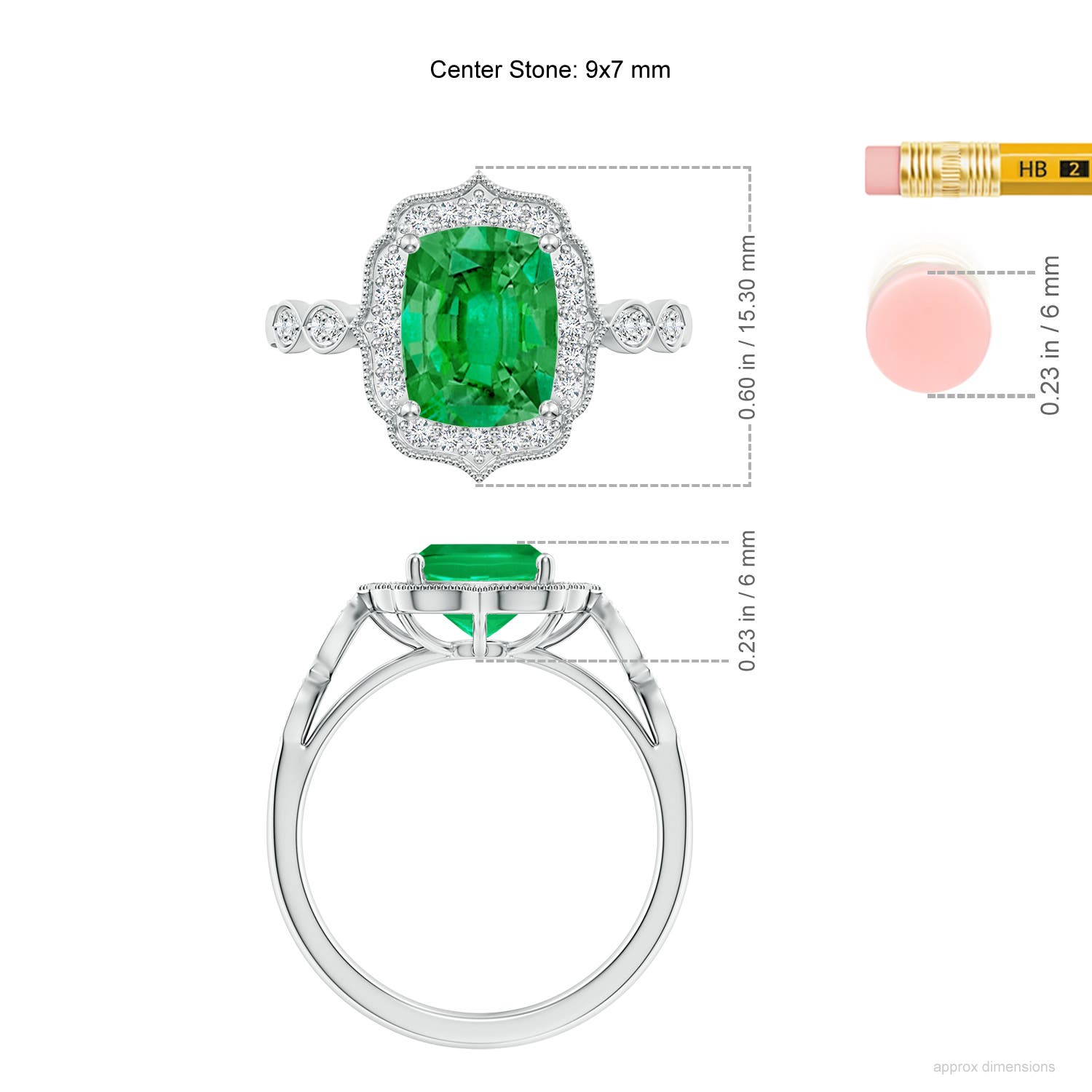 9x7mm AAA Vintage Inspired Cushion Rectangular Emerald Ornate Halo Engagement Ring in White Gold - ruler