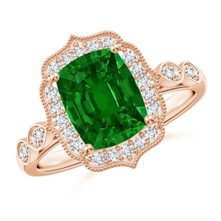 9x7mm AAAA Vintage Inspired Cushion Rectangular Emerald Ornate Halo Engagement Ring in 9K Rose Gold