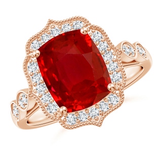 10x8mm AAA Vintage Inspired Cushion Rectangular Ruby Ornate Halo Engagement Ring in Rose Gold