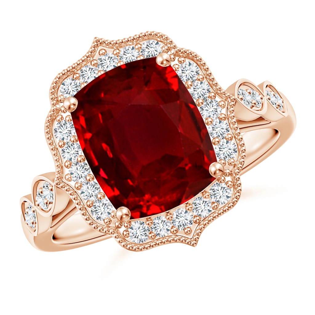 10x8mm AAAA Vintage Inspired Cushion Rectangular Ruby Ornate Halo Engagement Ring in Rose Gold