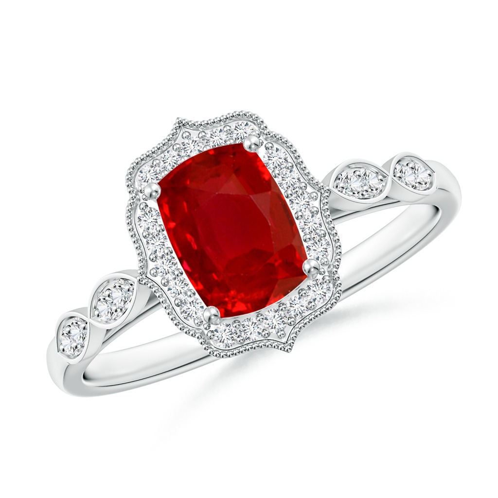 7x5mm AAA Vintage Inspired Cushion Rectangular Ruby Ornate Halo Engagement Ring in White Gold