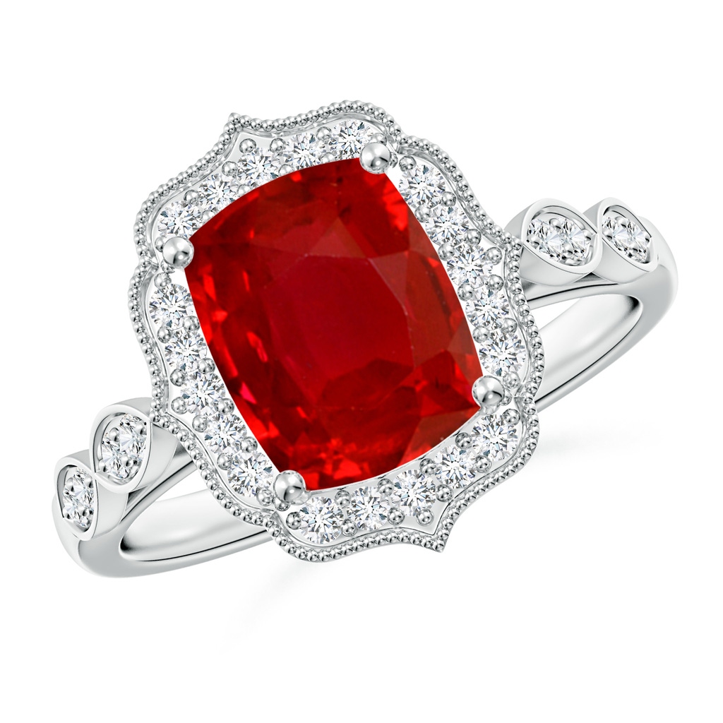 9x7mm AAA Vintage Inspired Cushion Rectangular Ruby Ornate Halo Engagement Ring in White Gold