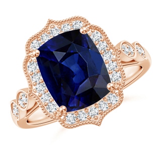 10x8mm AAA Vintage Inspired Cushion Rectangular Blue Sapphire Ornate Halo Engagement Ring in Rose Gold