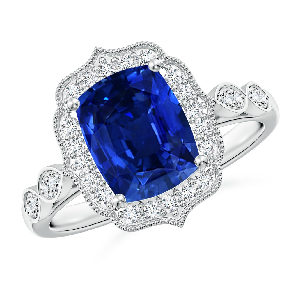 9x7mm Lab-Grown Vintage Inspired Cushion Rectangular Blue Sapphire Ornate Halo Engagement Ring in White Gold