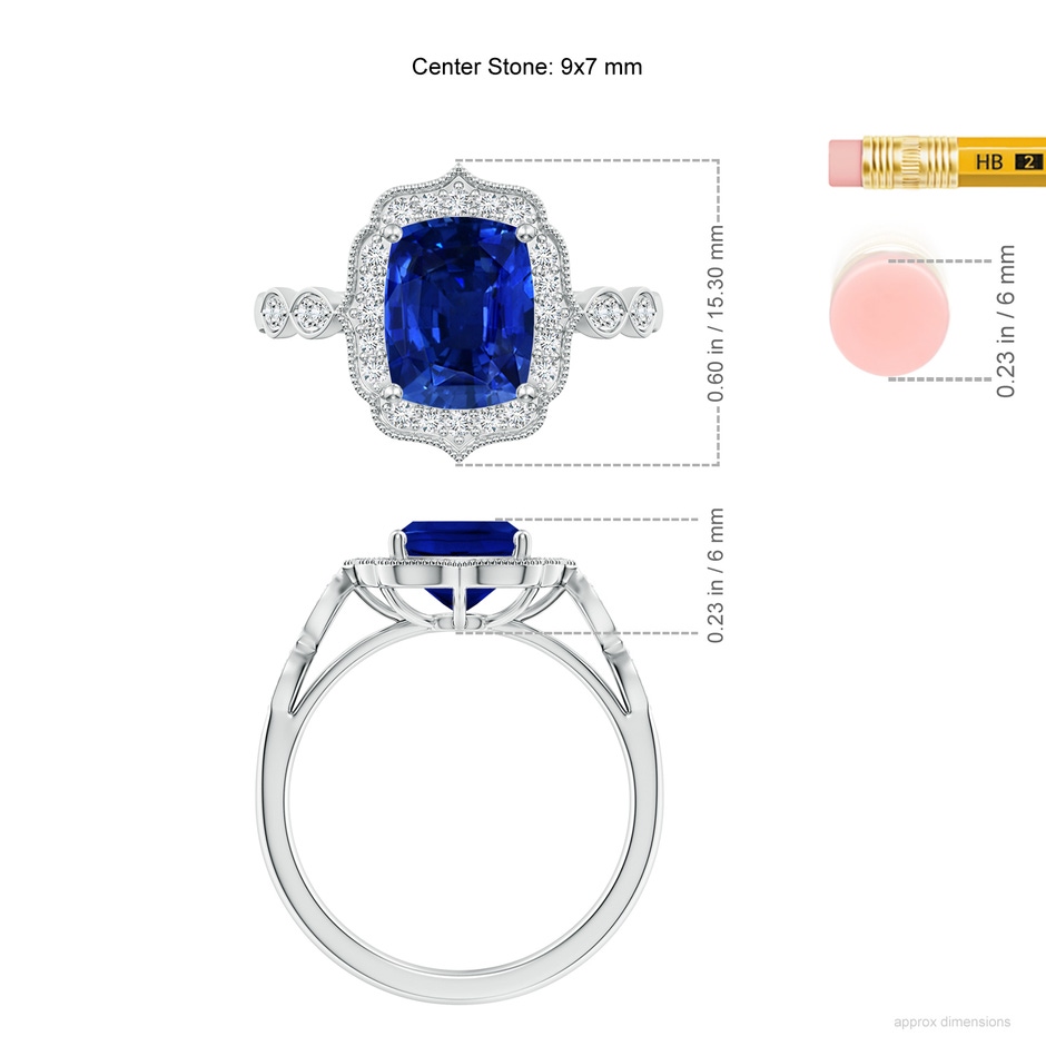 9x7mm Lab-Grown Vintage Inspired Cushion Rectangular Blue Sapphire Ornate Halo Engagement Ring in White Gold ruler