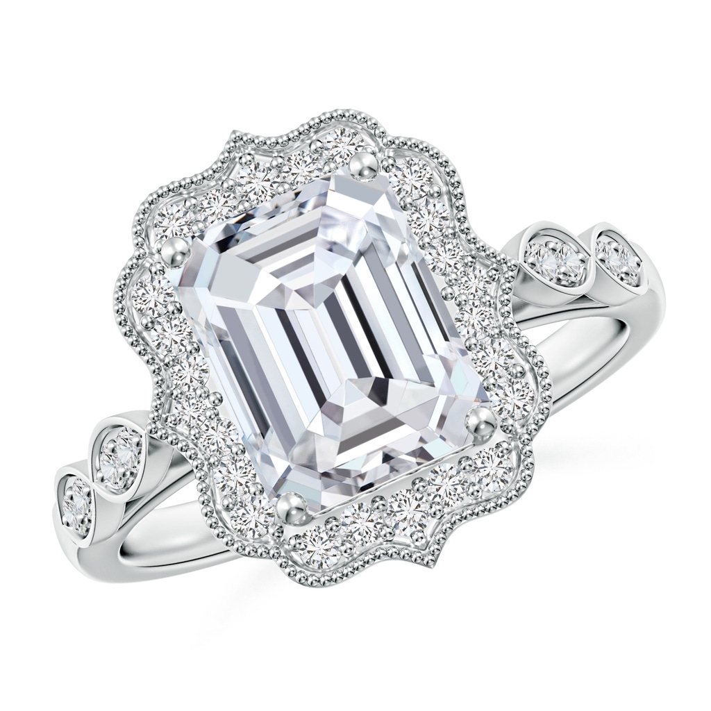8.5x6.5mm HSI2 Vintage Inspired Emerald-Cut Diamond Ornate Halo Engagement Ring in White Gold 