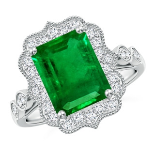 10x8mm AAAA Vintage Inspired Emerald-Cut Emerald Ornate Halo Engagement Ring in P950 Platinum