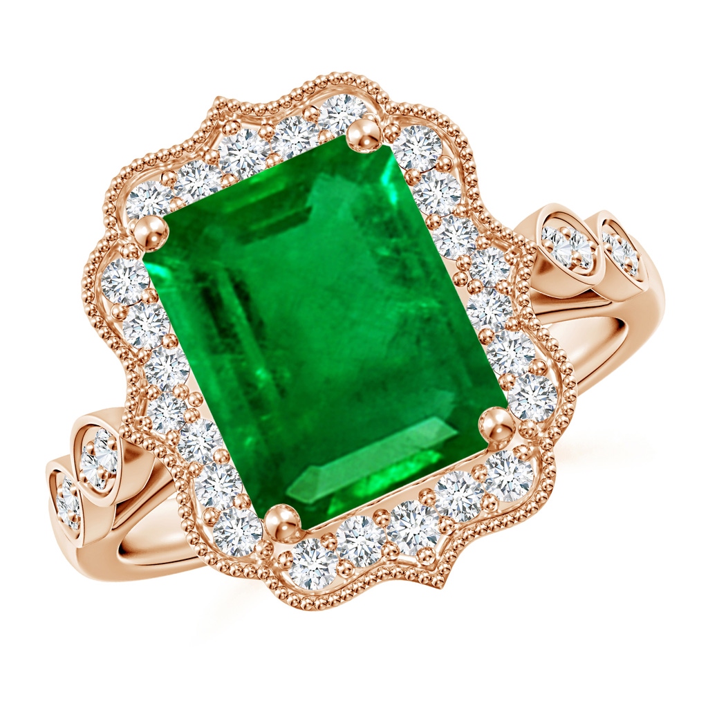 10x8mm AAAA Vintage Inspired Emerald-Cut Emerald Ornate Halo Engagement Ring in Rose Gold