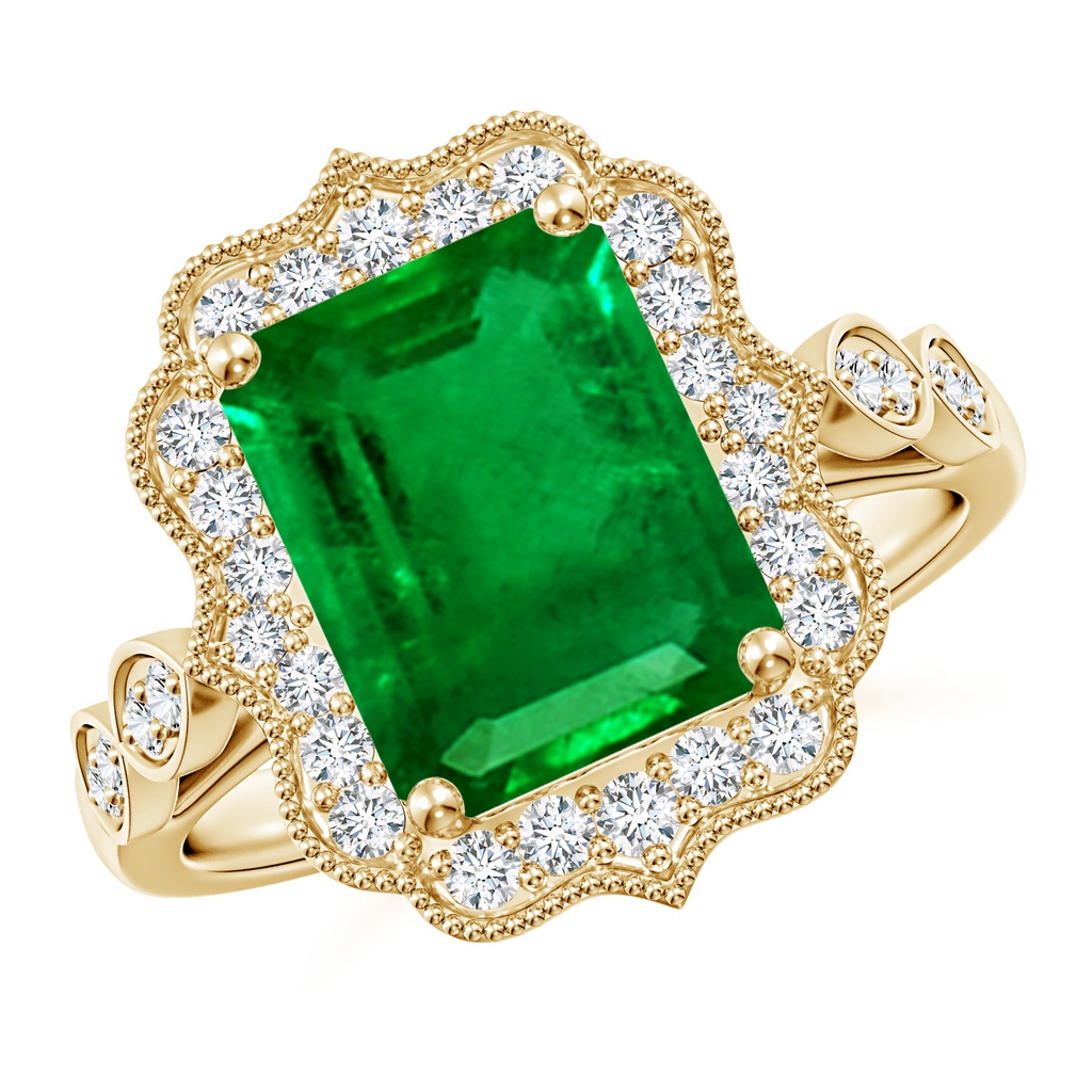 10x8mm AAAA Vintage Inspired Emerald-Cut Emerald Ornate Halo Engagement Ring in Yellow Gold