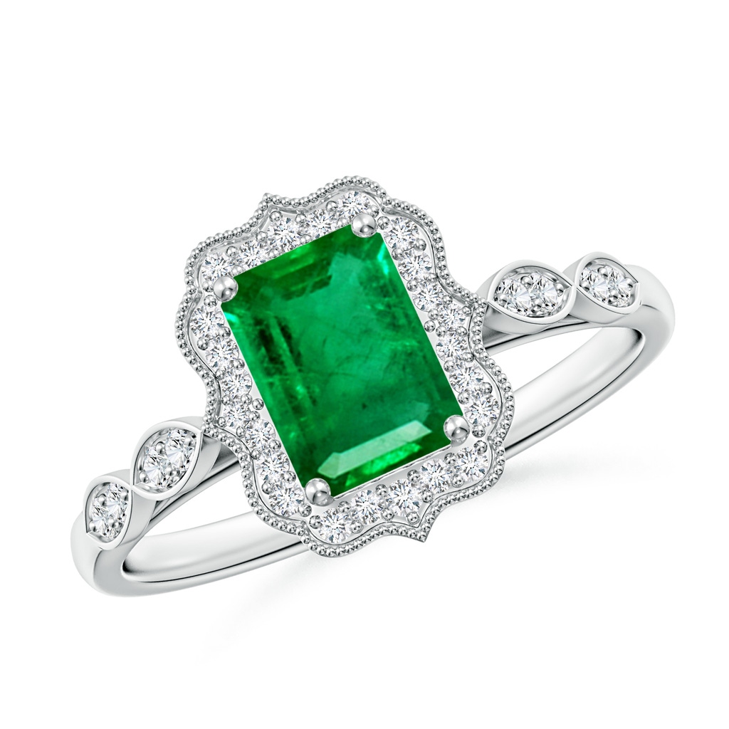 7x5mm AAA Vintage Inspired Emerald-Cut Emerald Ornate Halo Engagement Ring in White Gold