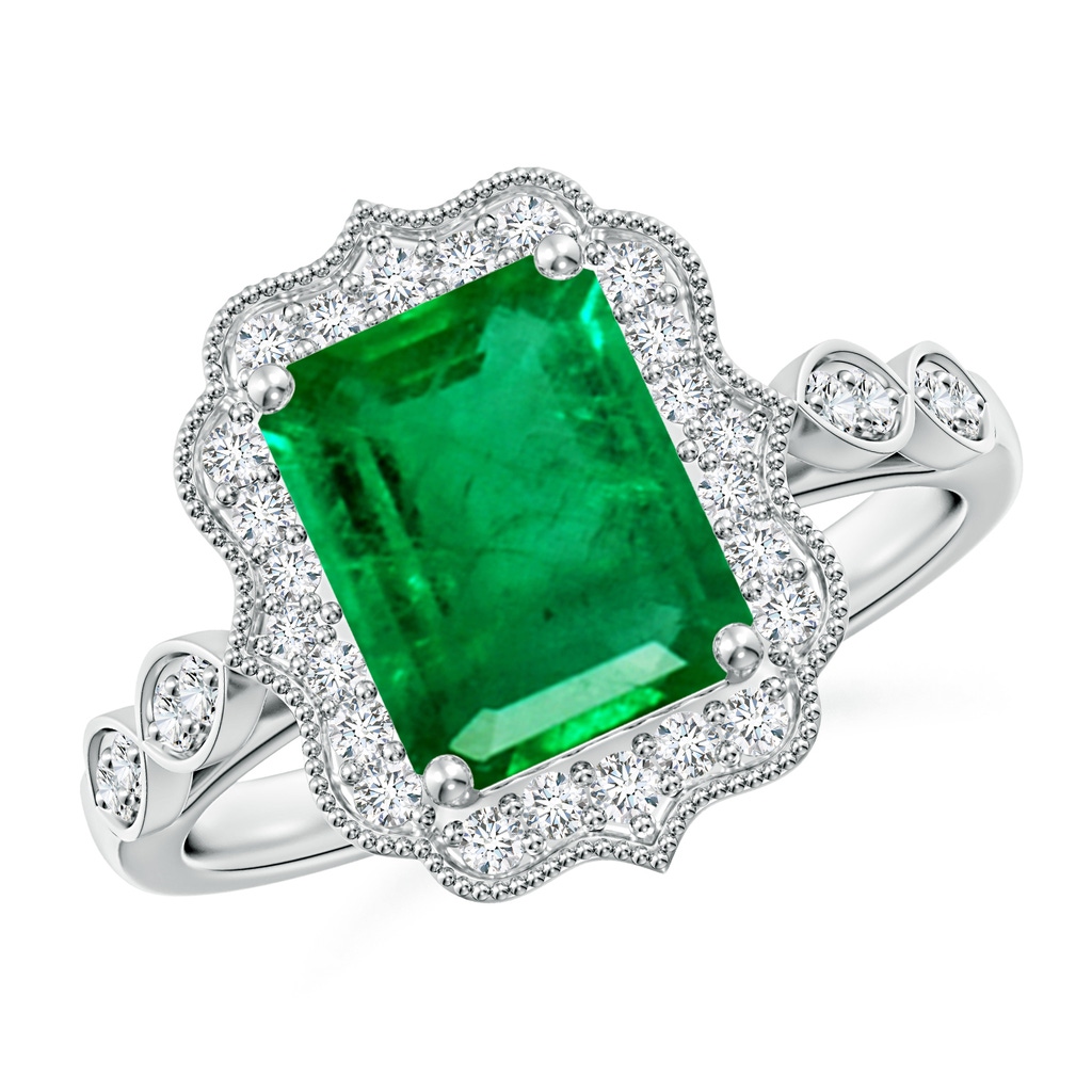 9x7mm AAA Vintage Inspired Emerald-Cut Emerald Ornate Halo Engagement Ring in White Gold