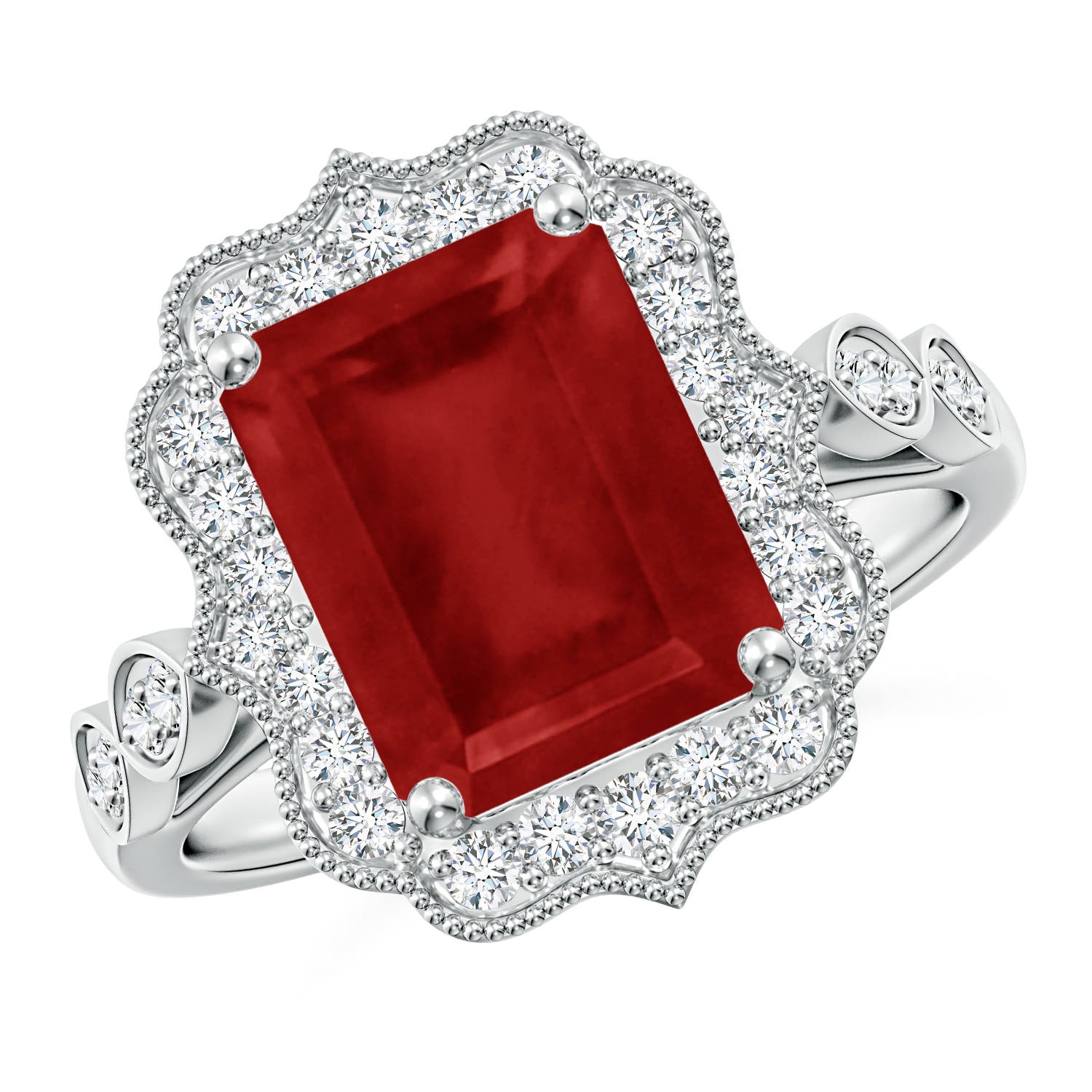 10x8mm AA Vintage Inspired Emerald-Cut Ruby Ornate Halo Engagement Ring in White Gold