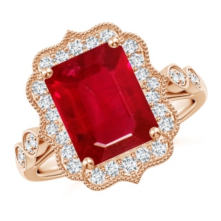 10x8mm AAA Vintage Inspired Emerald-Cut Ruby Ornate Halo Engagement Ring in 18K Rose Gold
