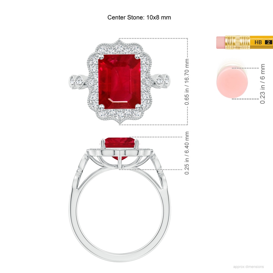 10x8mm AAA Vintage Inspired Emerald-Cut Ruby Ornate Halo Engagement Ring in P950 Platinum ruler