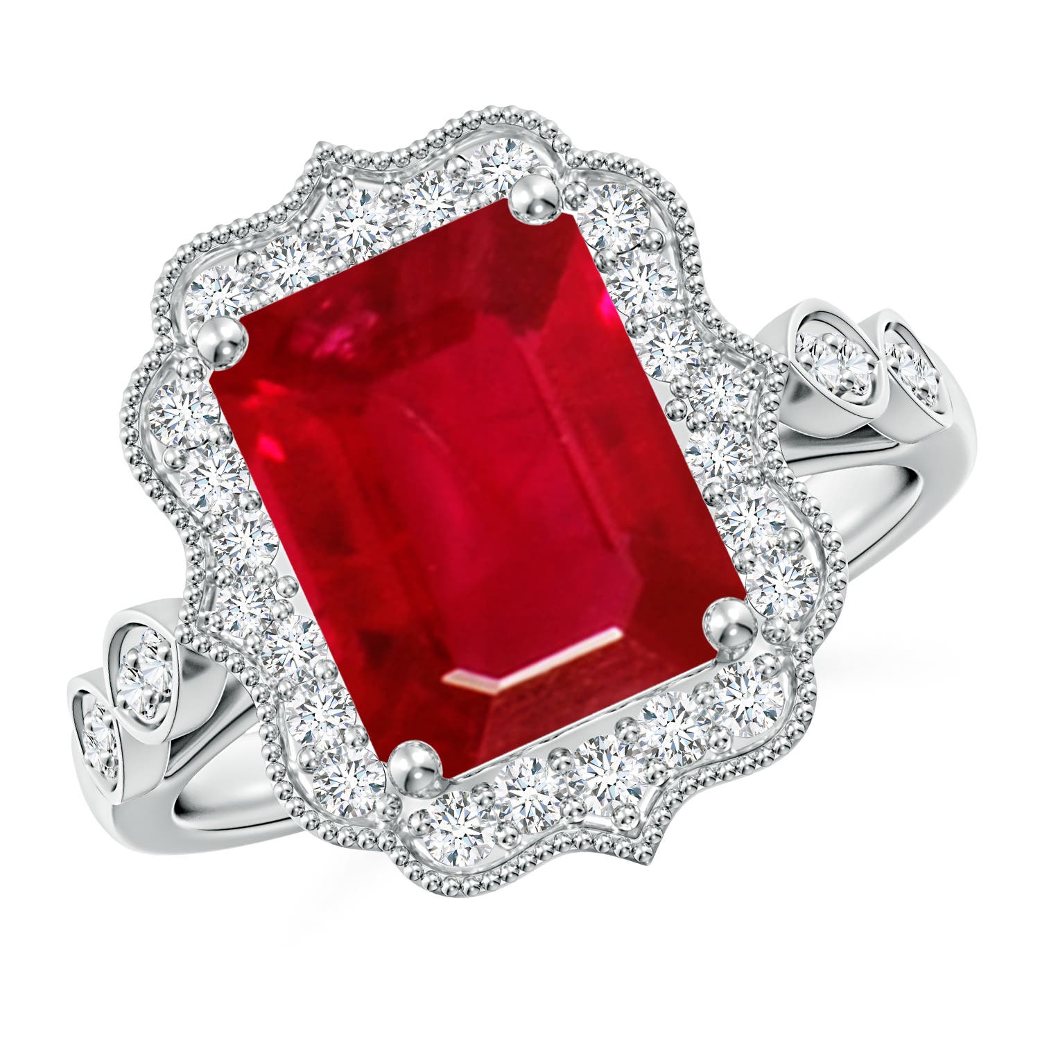 10x8mm AAA Vintage Inspired Emerald-Cut Ruby Ornate Halo Engagement Ring in White Gold
