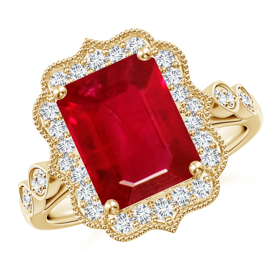 10x8mm AAA Vintage Inspired Emerald-Cut Ruby Ornate Halo Engagement Ring in Yellow Gold 