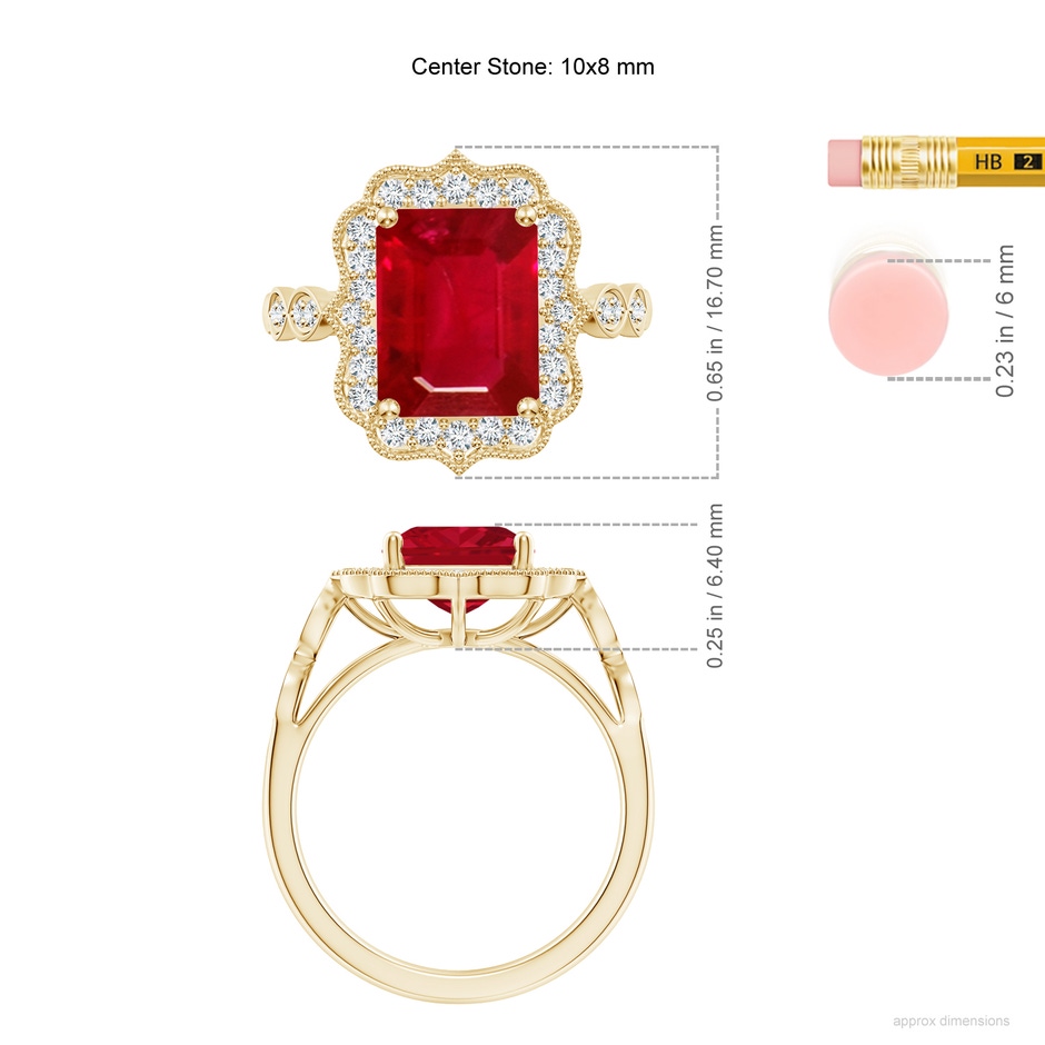 10x8mm AAA Vintage Inspired Emerald-Cut Ruby Ornate Halo Engagement Ring in Yellow Gold ruler