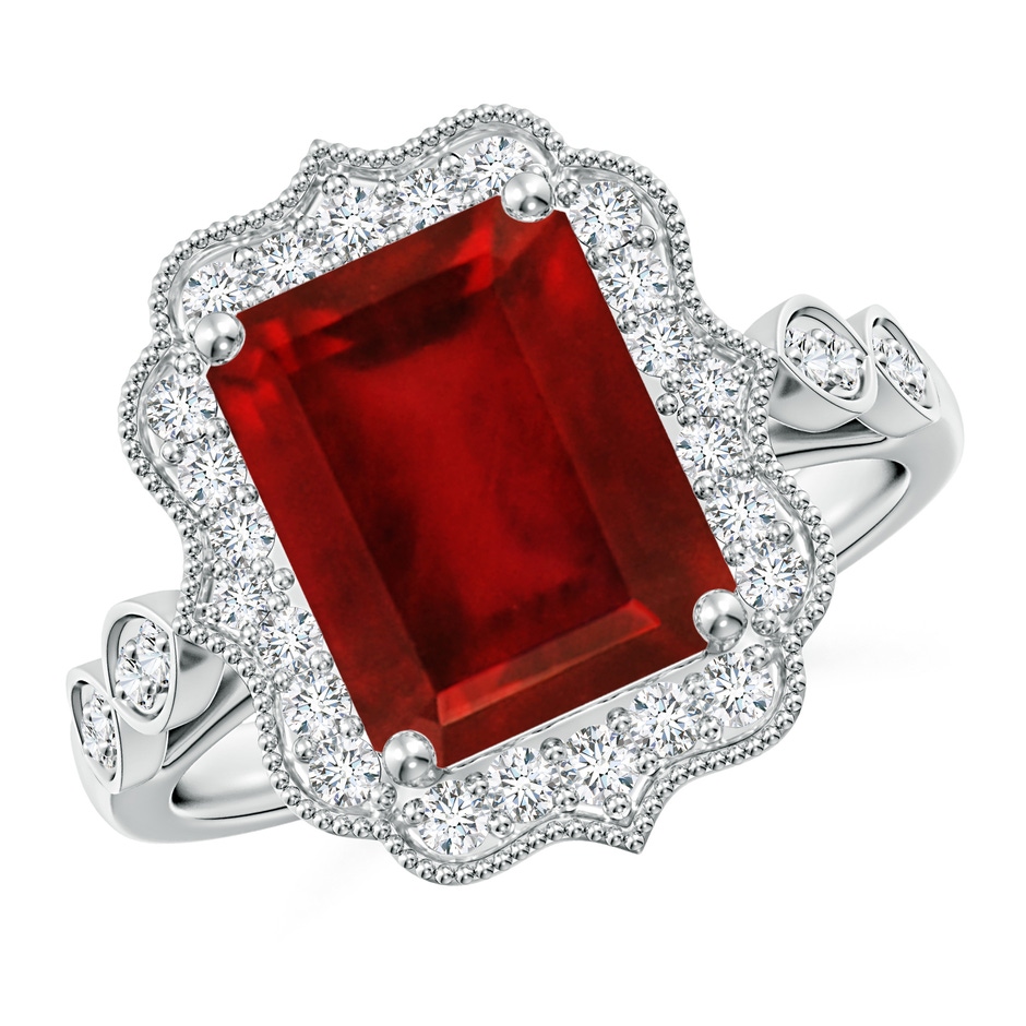 10x8mm AAAA Vintage Inspired Emerald-Cut Ruby Ornate Halo Engagement Ring in P950 Platinum 
