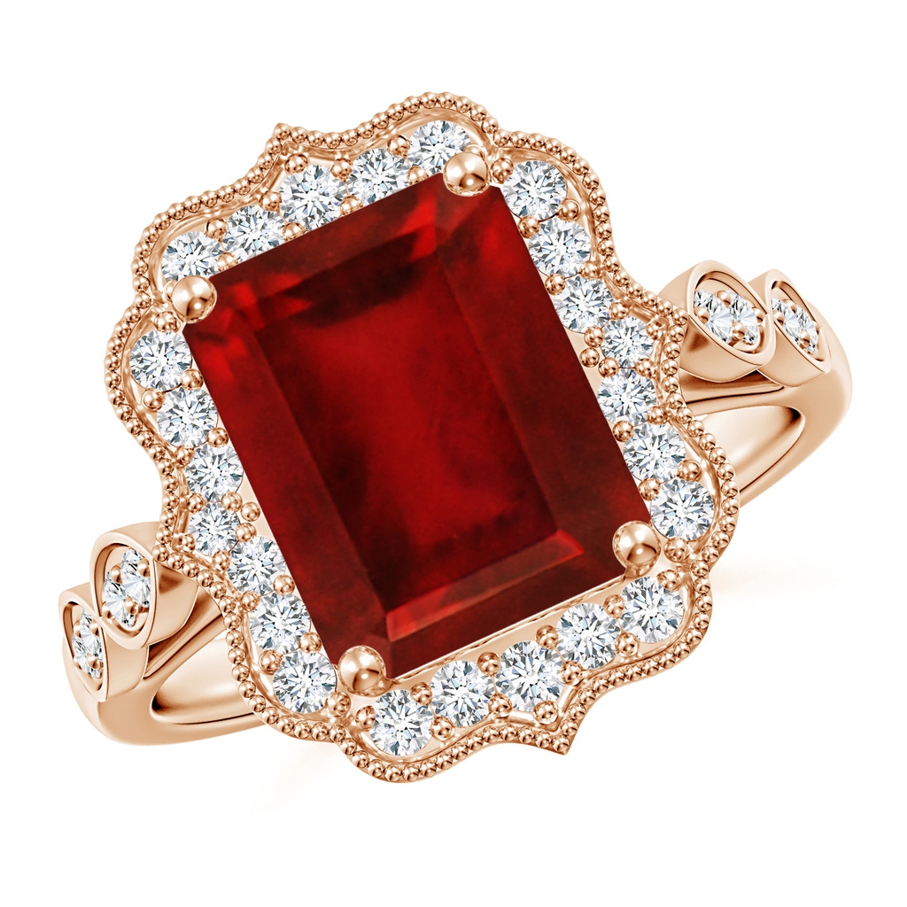 10x8mm AAAA Vintage Inspired Emerald-Cut Ruby Ornate Halo Engagement Ring in Rose Gold