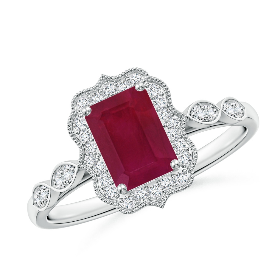 7x5mm A Vintage Inspired Emerald-Cut Ruby Ornate Halo Engagement Ring in White Gold 