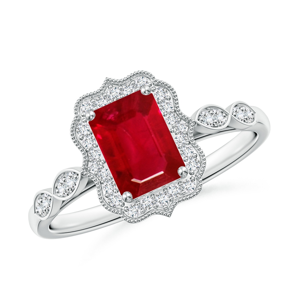 7x5mm AAA Vintage Inspired Emerald-Cut Ruby Ornate Halo Engagement Ring in 18K White Gold