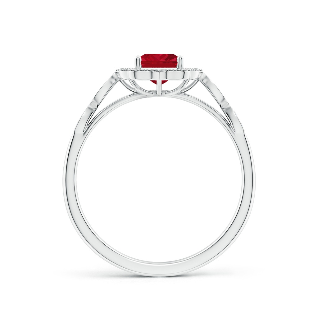 7x5mm AAA Vintage Inspired Emerald-Cut Ruby Ornate Halo Engagement Ring in 18K White Gold - side 199