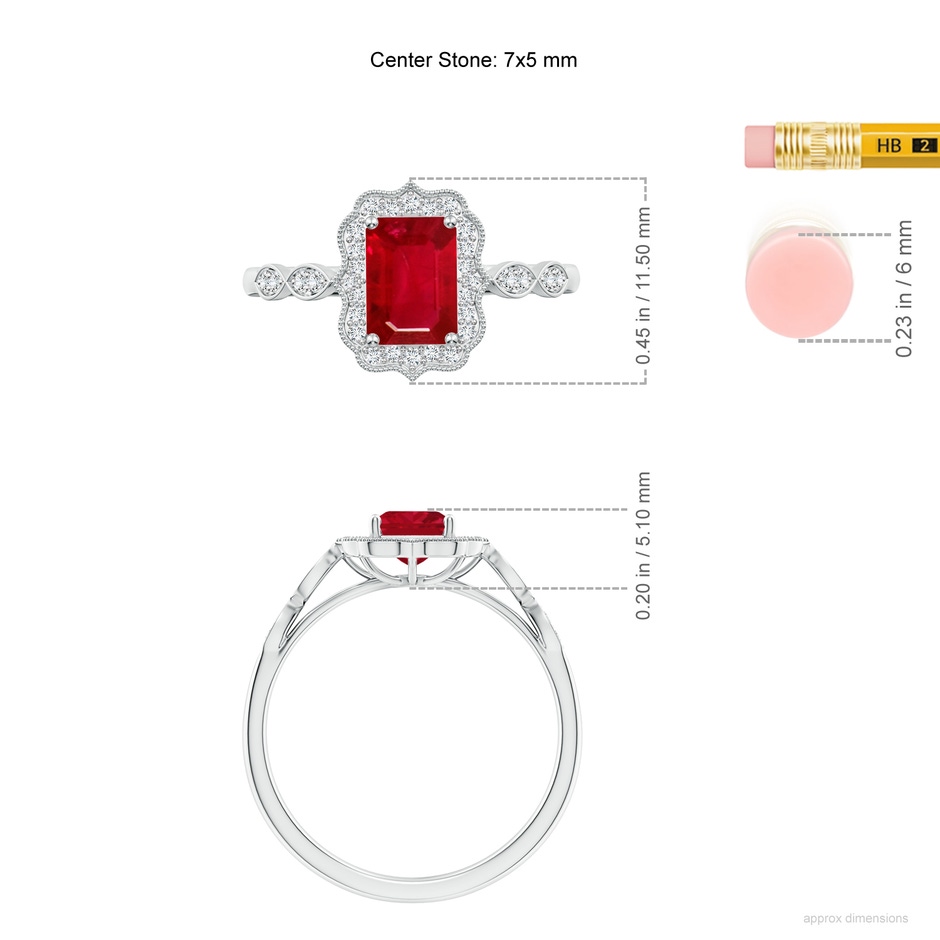 7x5mm AAA Vintage Inspired Emerald-Cut Ruby Ornate Halo Engagement Ring in 18K White Gold ruler