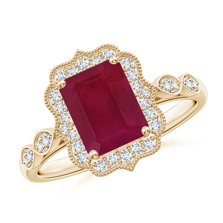 8x6mm A Vintage Inspired Emerald-Cut Ruby Ornate Halo Engagement Ring in Yellow Gold 
