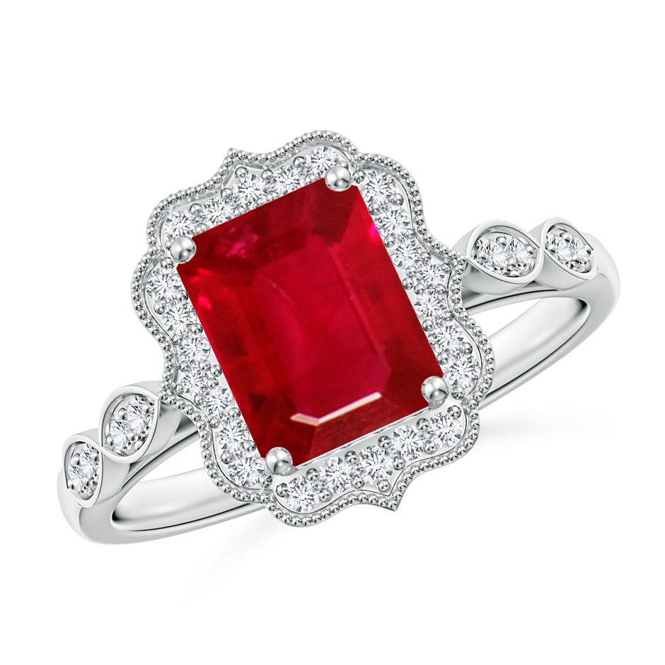 8x6mm AAA Vintage Inspired Emerald-Cut Ruby Ornate Halo Engagement Ring in P950 Platinum 