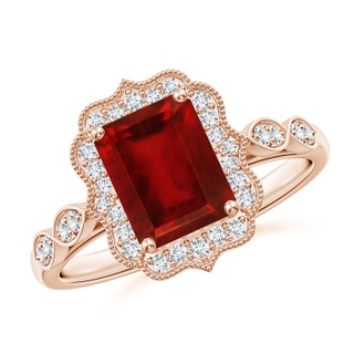 8x6mm AAAA Vintage Inspired Emerald-Cut Ruby Ornate Halo Engagement Ring in 18K Rose Gold