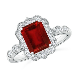 8x6mm AAAA Vintage Inspired Emerald-Cut Ruby Ornate Halo Engagement Ring in P950 Platinum