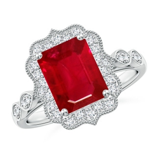 9x7mm AAA Vintage Inspired Emerald-Cut Ruby Ornate Halo Engagement Ring in P950 Platinum