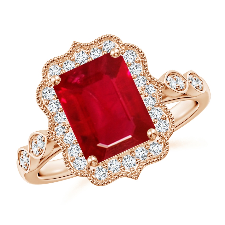 9x7mm AAA Vintage Inspired Emerald-Cut Ruby Ornate Halo Engagement Ring in Rose Gold 