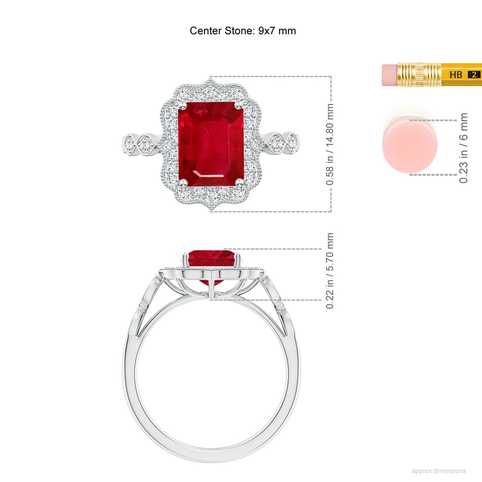 9x7mm AAA Vintage Inspired Emerald-Cut Ruby Ornate Halo Engagement Ring in White Gold ruler