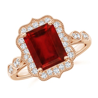 9x7mm AAAA Vintage Inspired Emerald-Cut Ruby Ornate Halo Engagement Ring in 10K Rose Gold